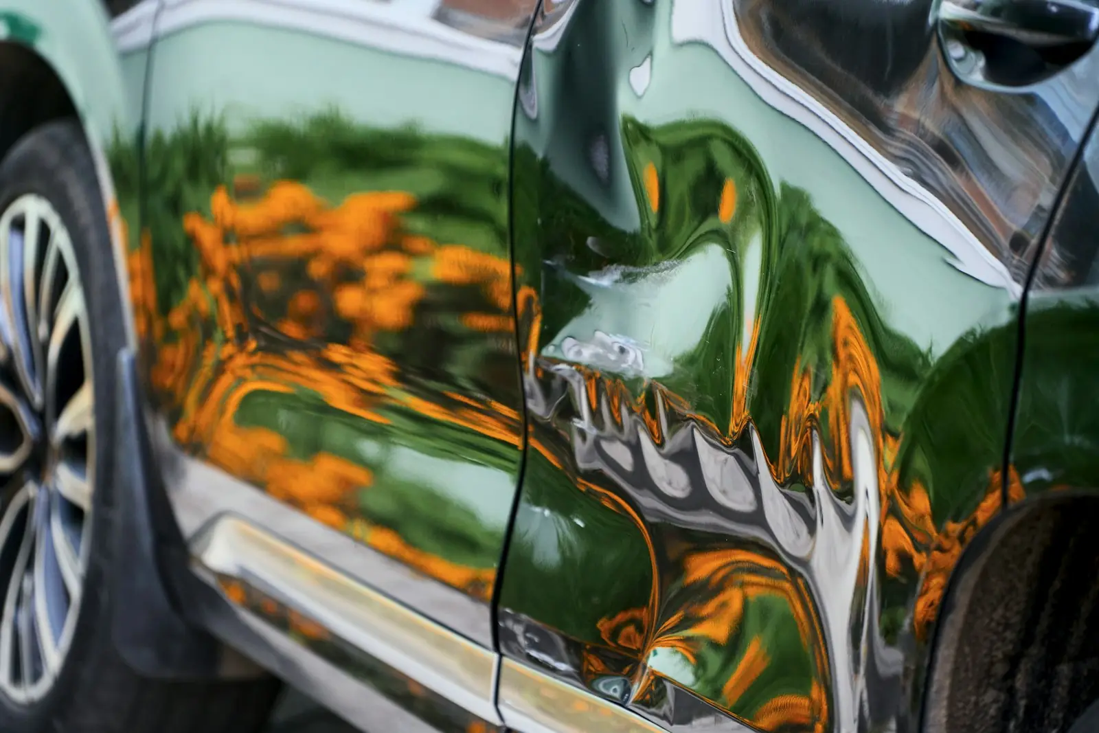 Dented car door with reflections showing the shape of the dent