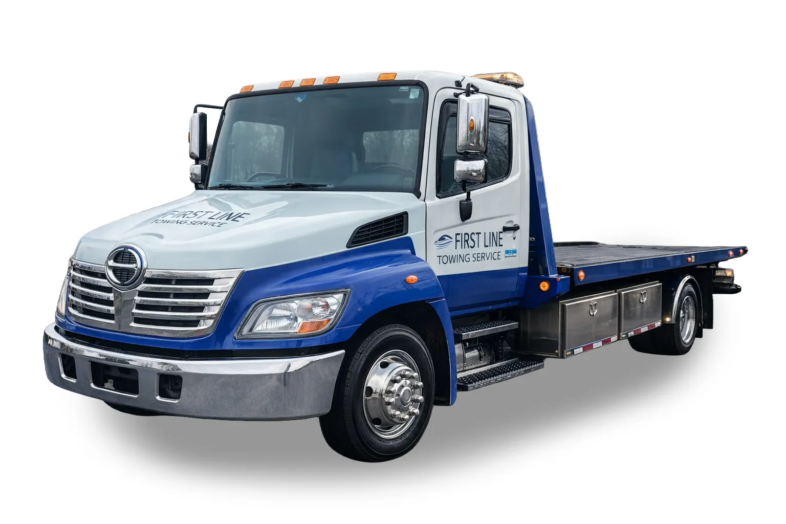 First Line Towing Service flatbed tow truck, blue and white